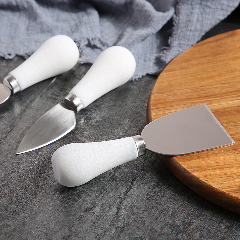 3-Piece Stainless Steel Cheese Knife Set with White Ergonomic Handles – Fork, Spreader, and Slicer